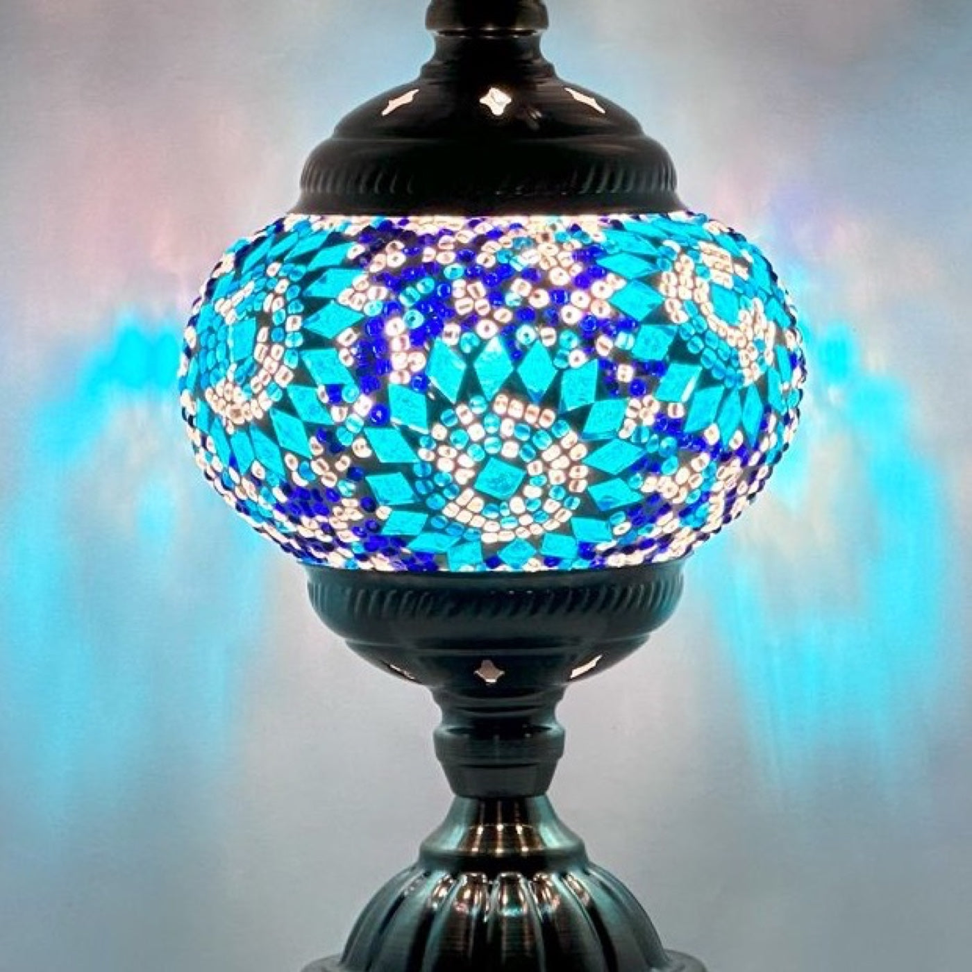 Blue Pearl Fantasy mosaic glass table lamp — close-up of the hand-cut mosaic glass