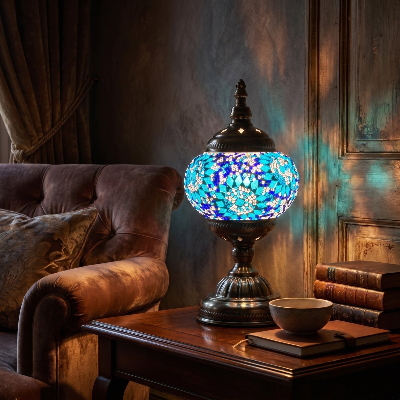 Blue Pearl Fantasy mosaic glass table lamp — glowing in a warm, dimly-lit evening room