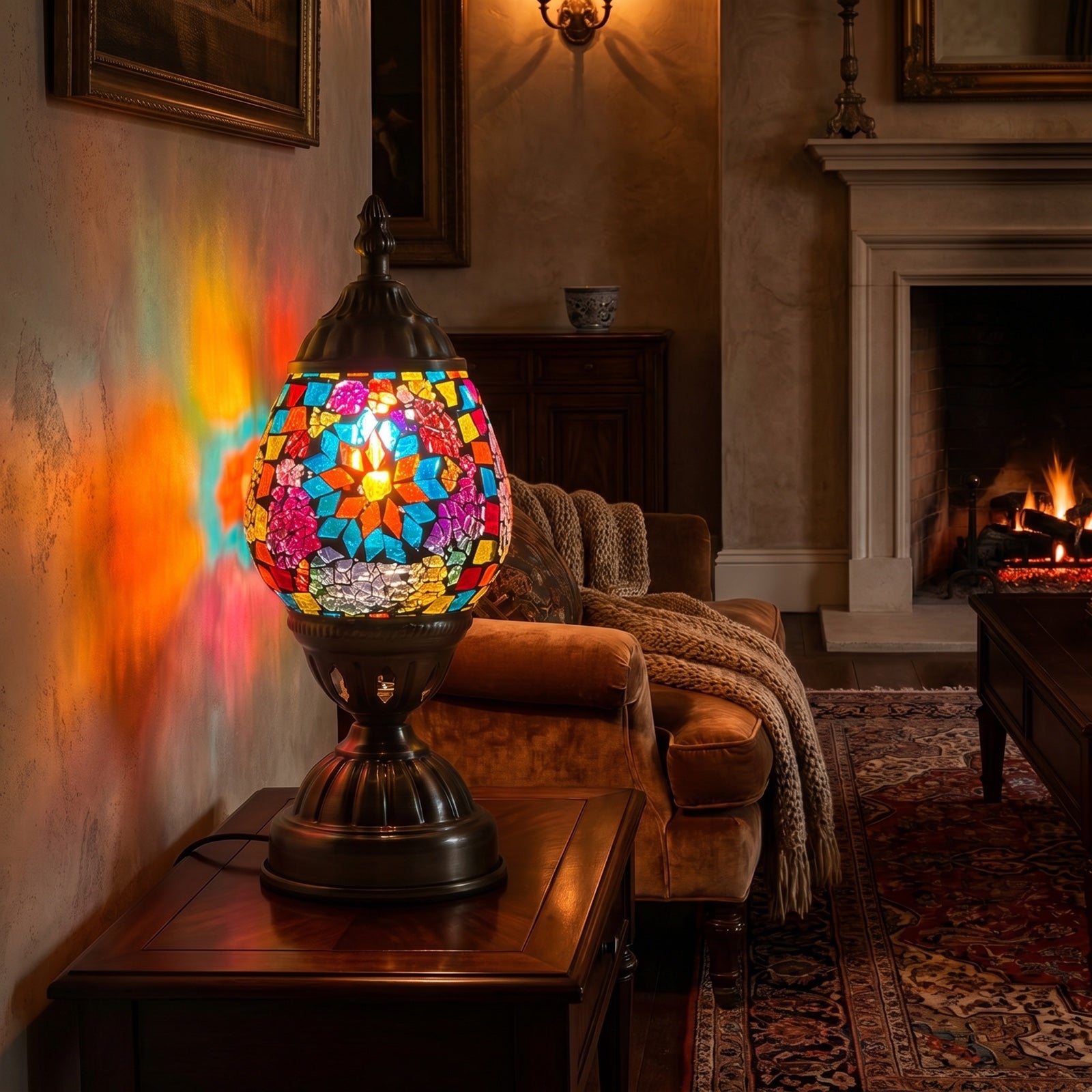 Blue Petal Mosaic Bedside Lamps mosaic glass table lamp — glowing in a warm, dimly-lit evening room