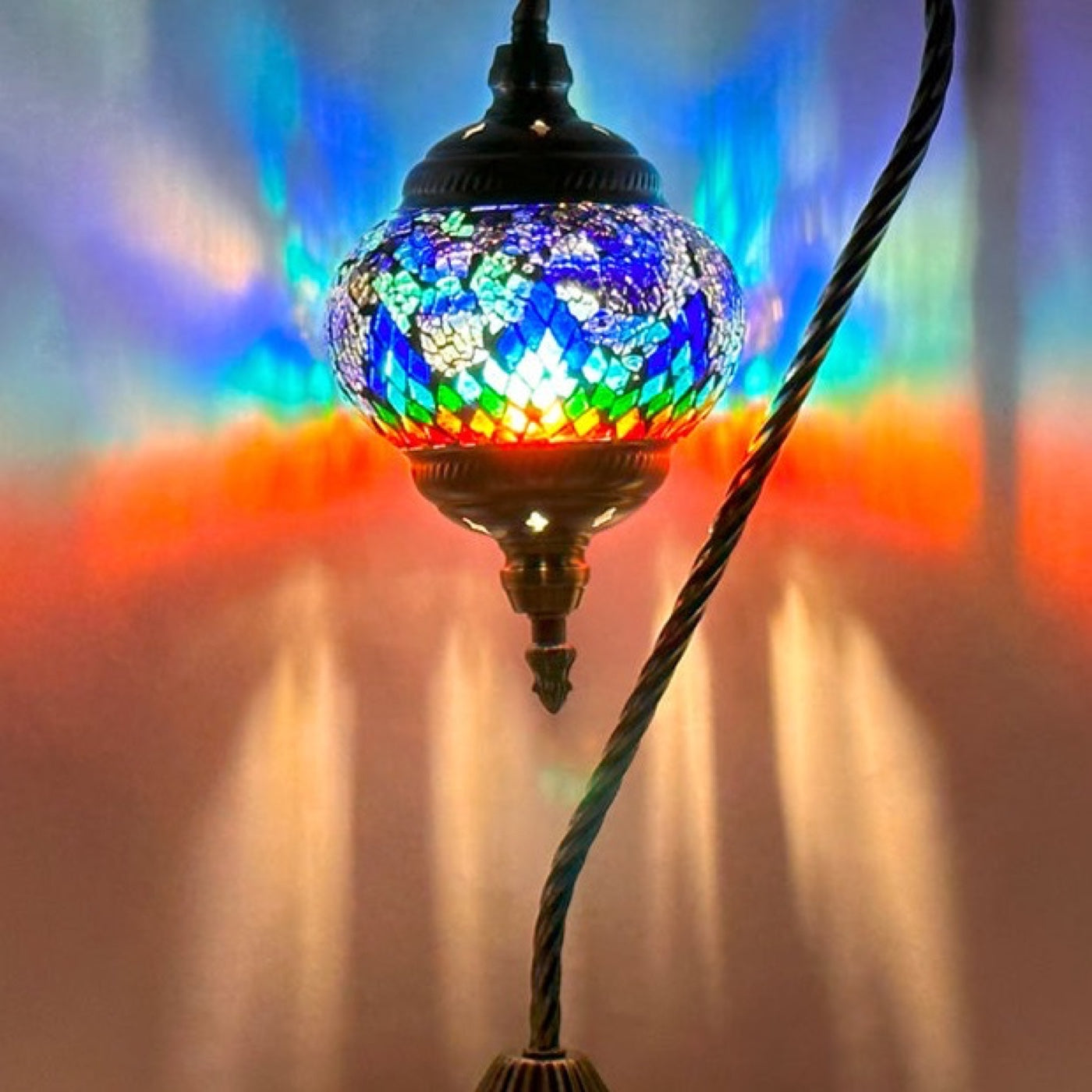 Blue & Red Swan Neck Turkish Mosaic Lamp mosaic glass table lamp — close-up of the hand-cut mosaic glass