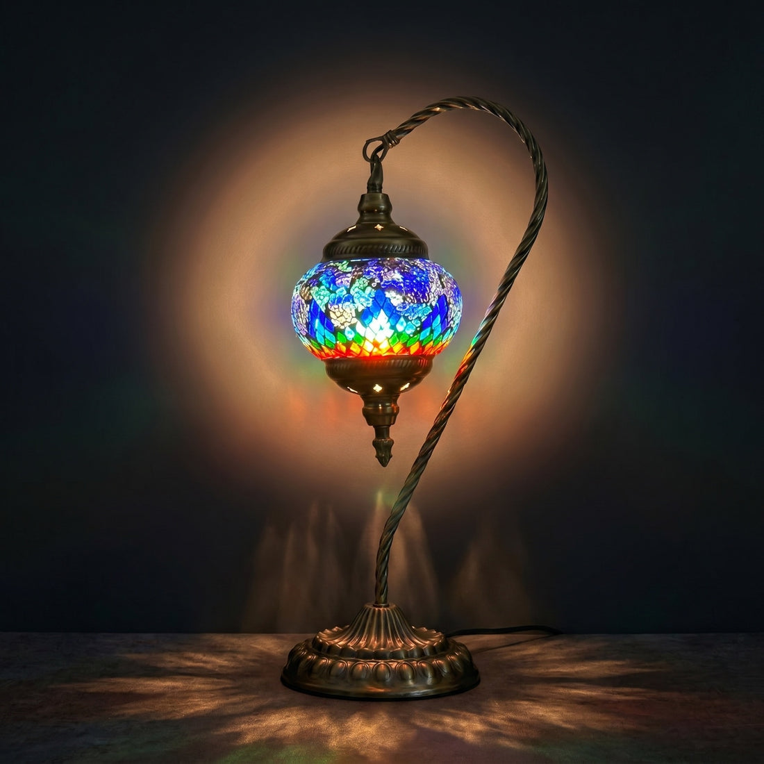 Blue & Red Swan Neck Turkish Mosaic Lamp mosaic glass table lamp — glowing against a deep charcoal background