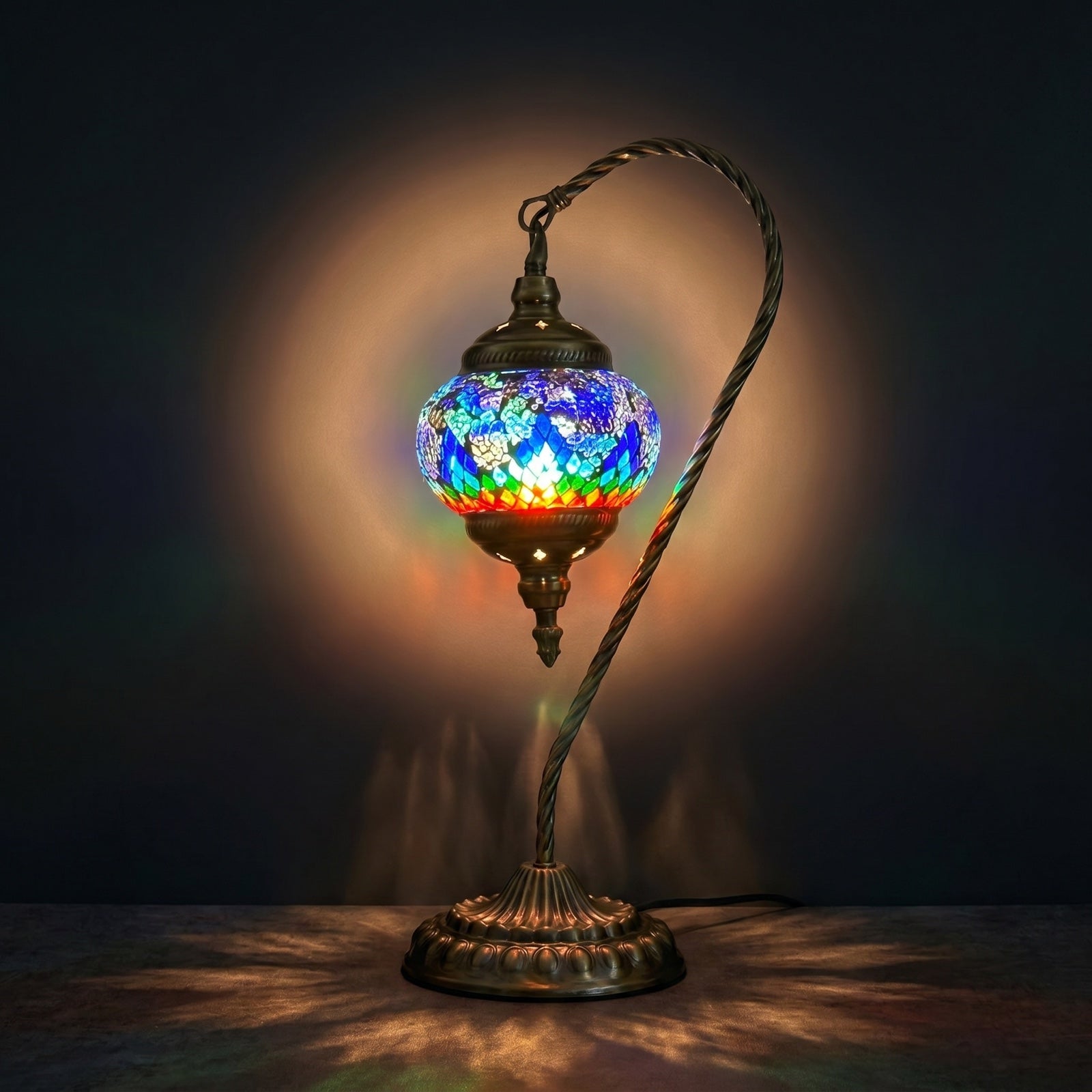 Blue & Red Swan Neck Turkish Mosaic Lamp mosaic glass table lamp — glowing against a deep charcoal background