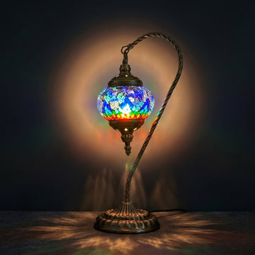 Blue & Red Swan Neck Turkish Mosaic Lamp mosaic glass table lamp — glowing against a deep charcoal background