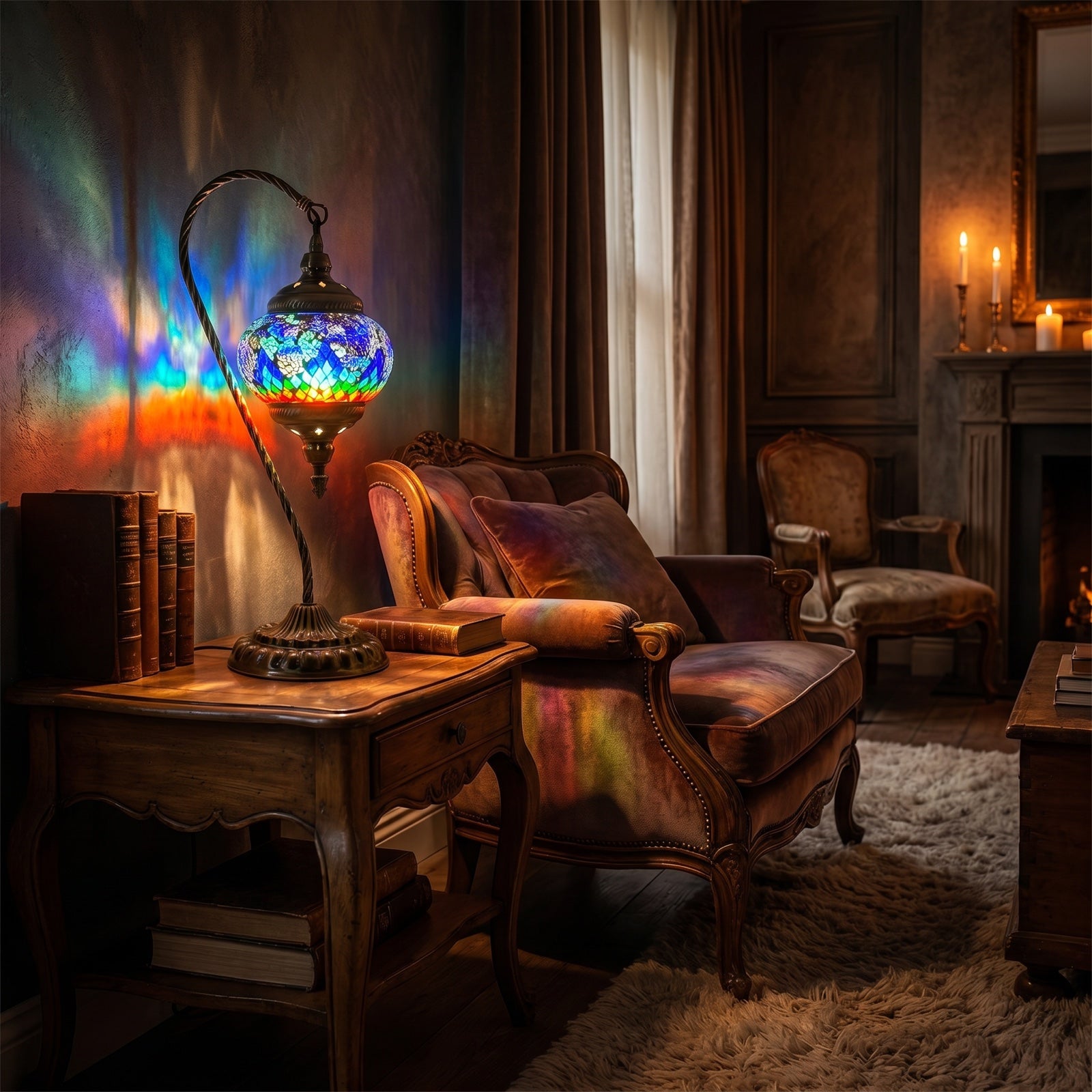 Blue & Red Swan Neck Turkish Mosaic Lamp mosaic glass table lamp — glowing in a warm, dimly-lit evening room