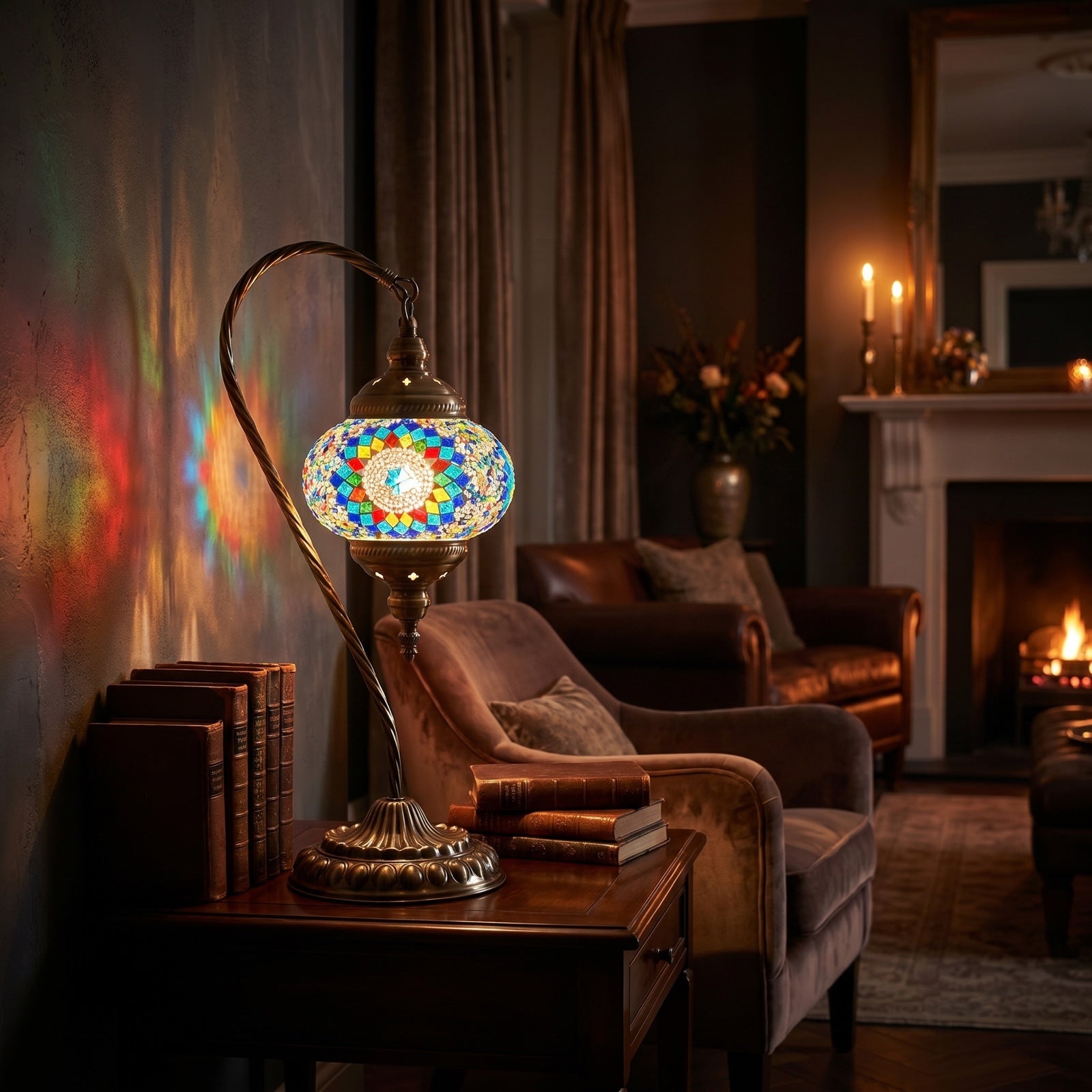 Blue Sunflower Swan Neck Mosaic Table Lamp mosaic glass table lamp — glowing in a warm, dimly-lit evening room