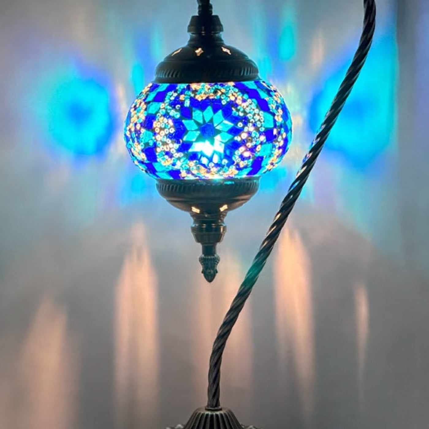 Blue Turkish Lamps with Swan Neck Design mosaic glass table lamp — close-up of the hand-cut mosaic glass