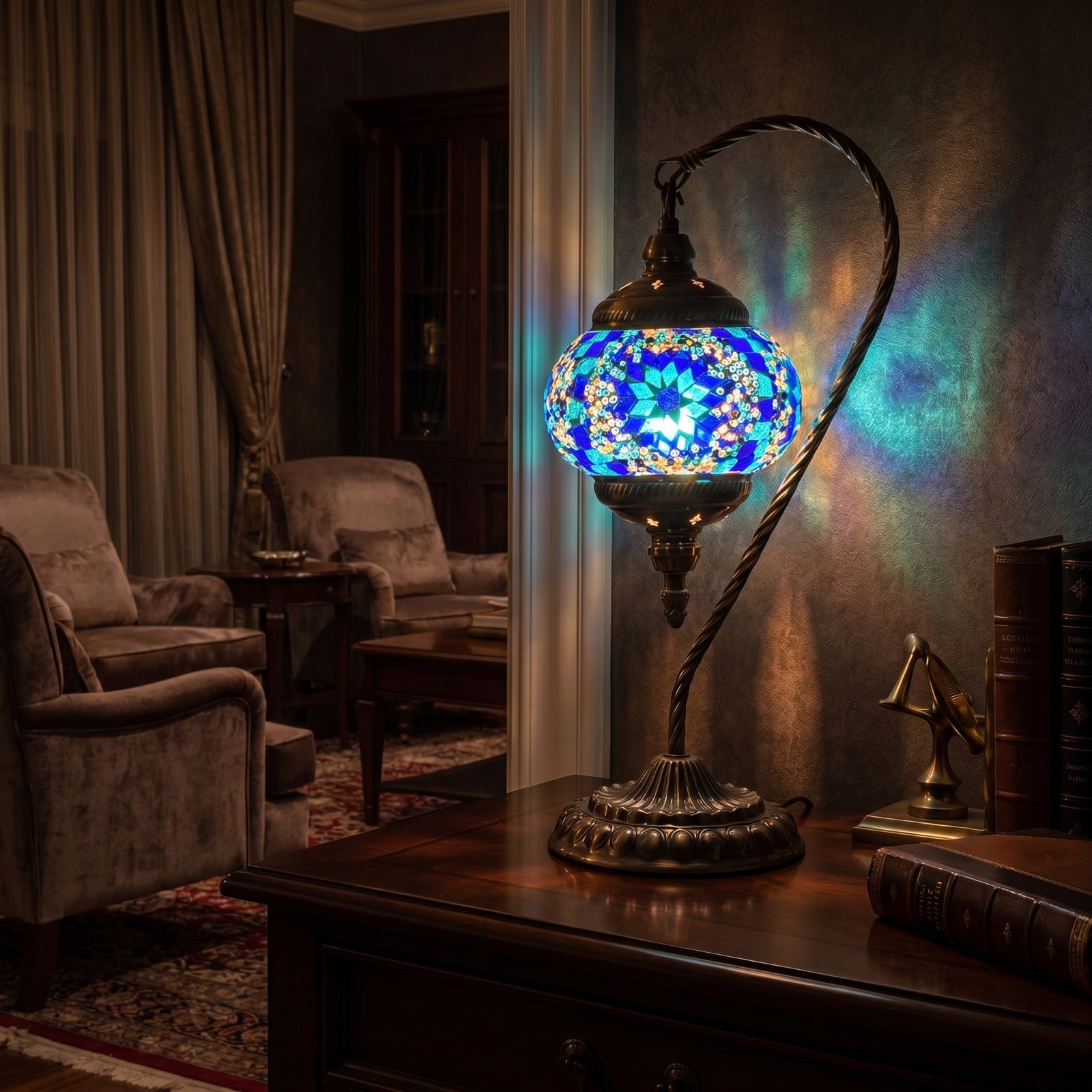 Blue Turkish Lamps with Swan Neck Design mosaic glass table lamp — glowing in a warm, dimly-lit evening room