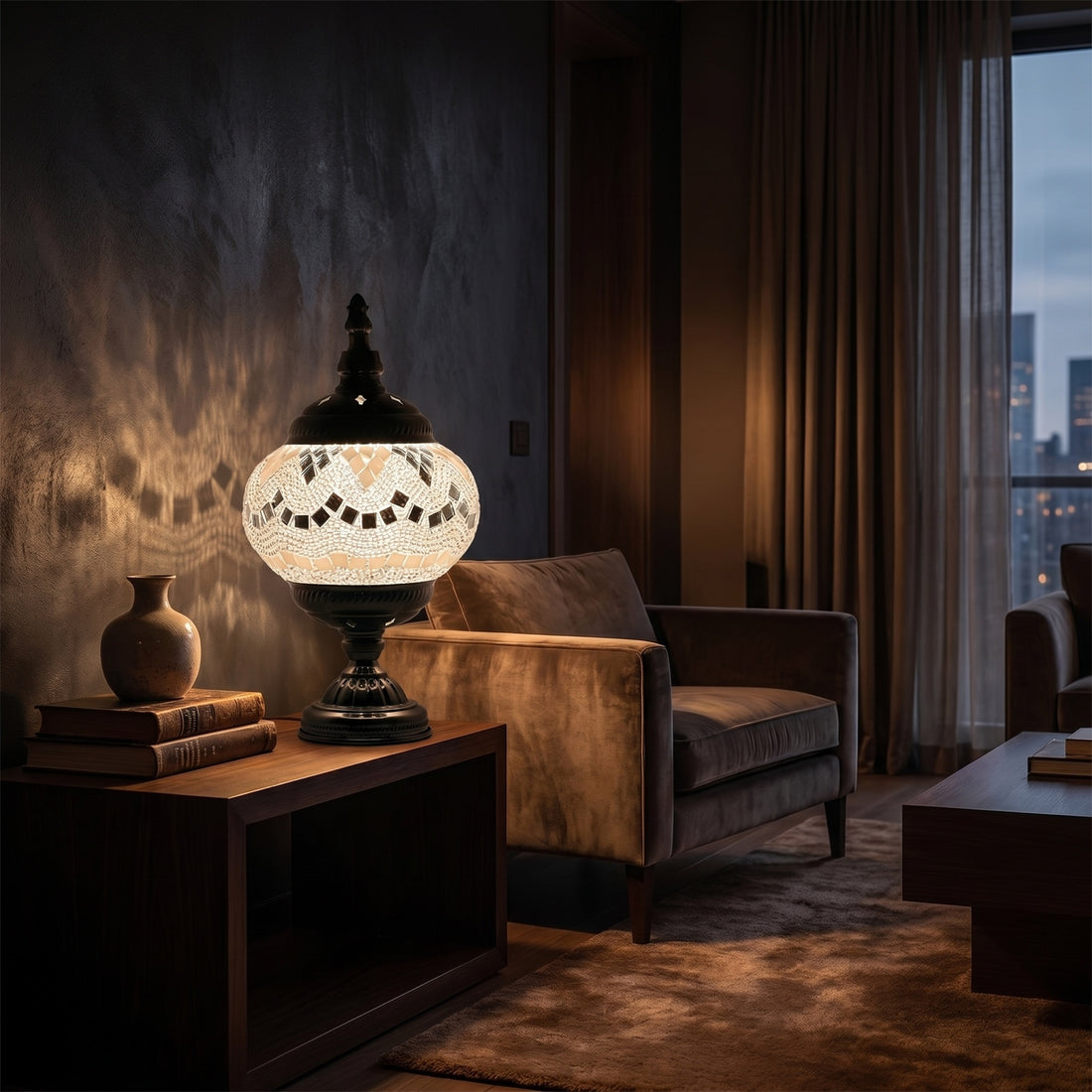 Bright Moonlight Colors mosaic glass table lamp — glowing against a deep charcoal background
