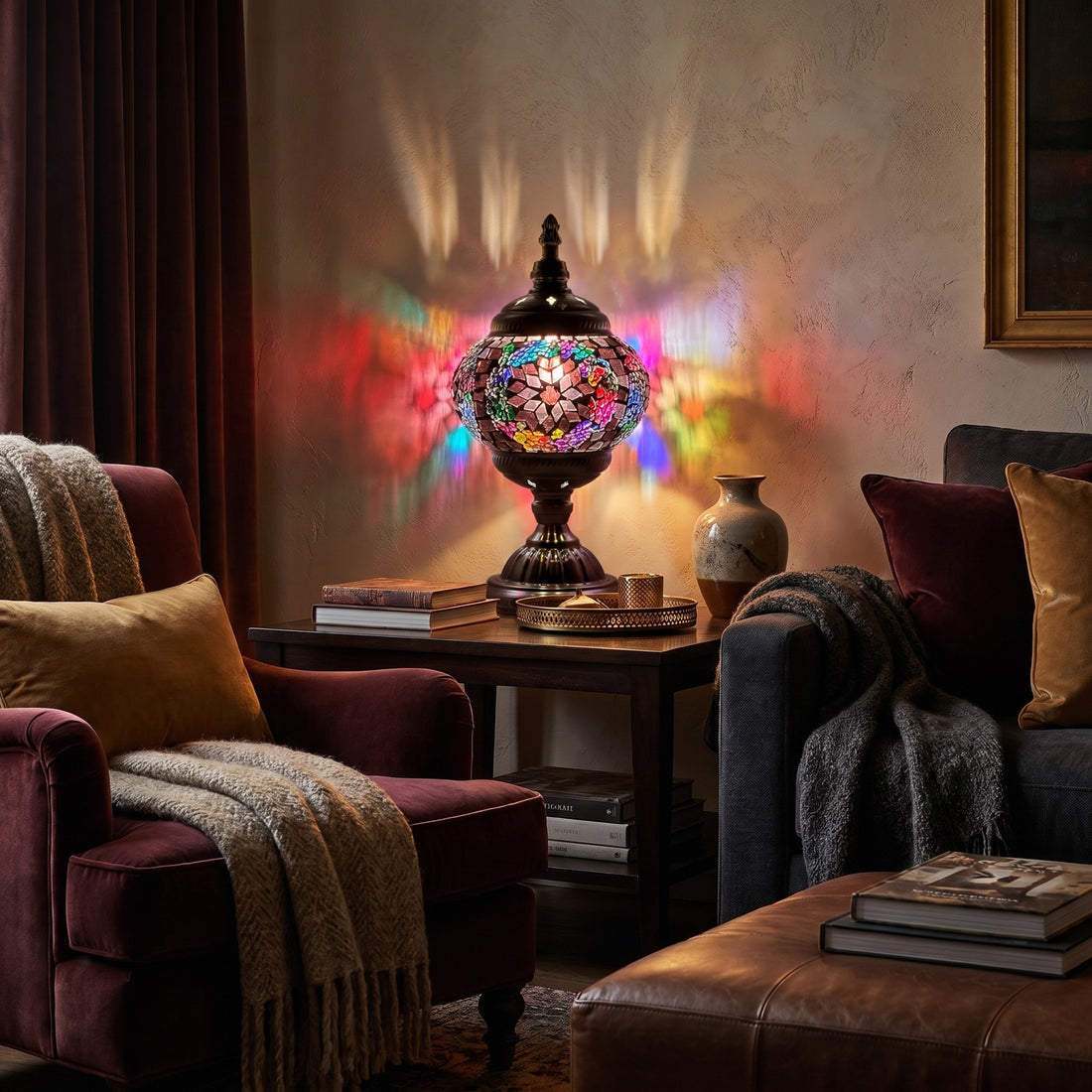 Brown Rainbow Mosaic Desk Lamps mosaic glass table lamp — glowing against a deep charcoal background