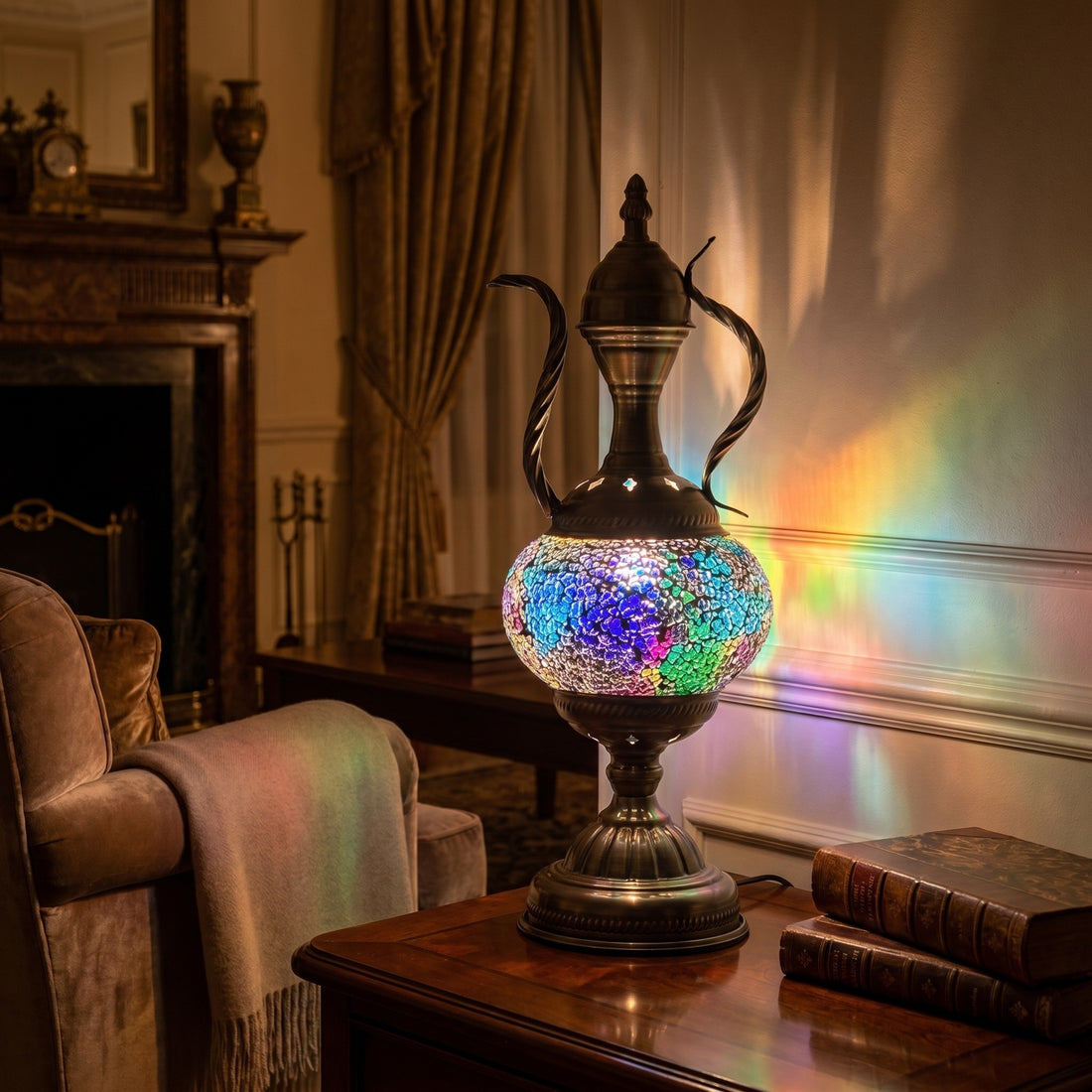 Celestial Beauty mosaic glass table lamp — glowing against a deep charcoal background
