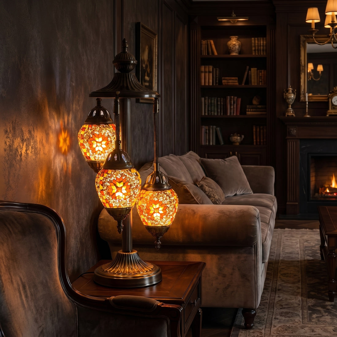Citrus Charm mosaic glass table lamp — glowing against a deep charcoal background