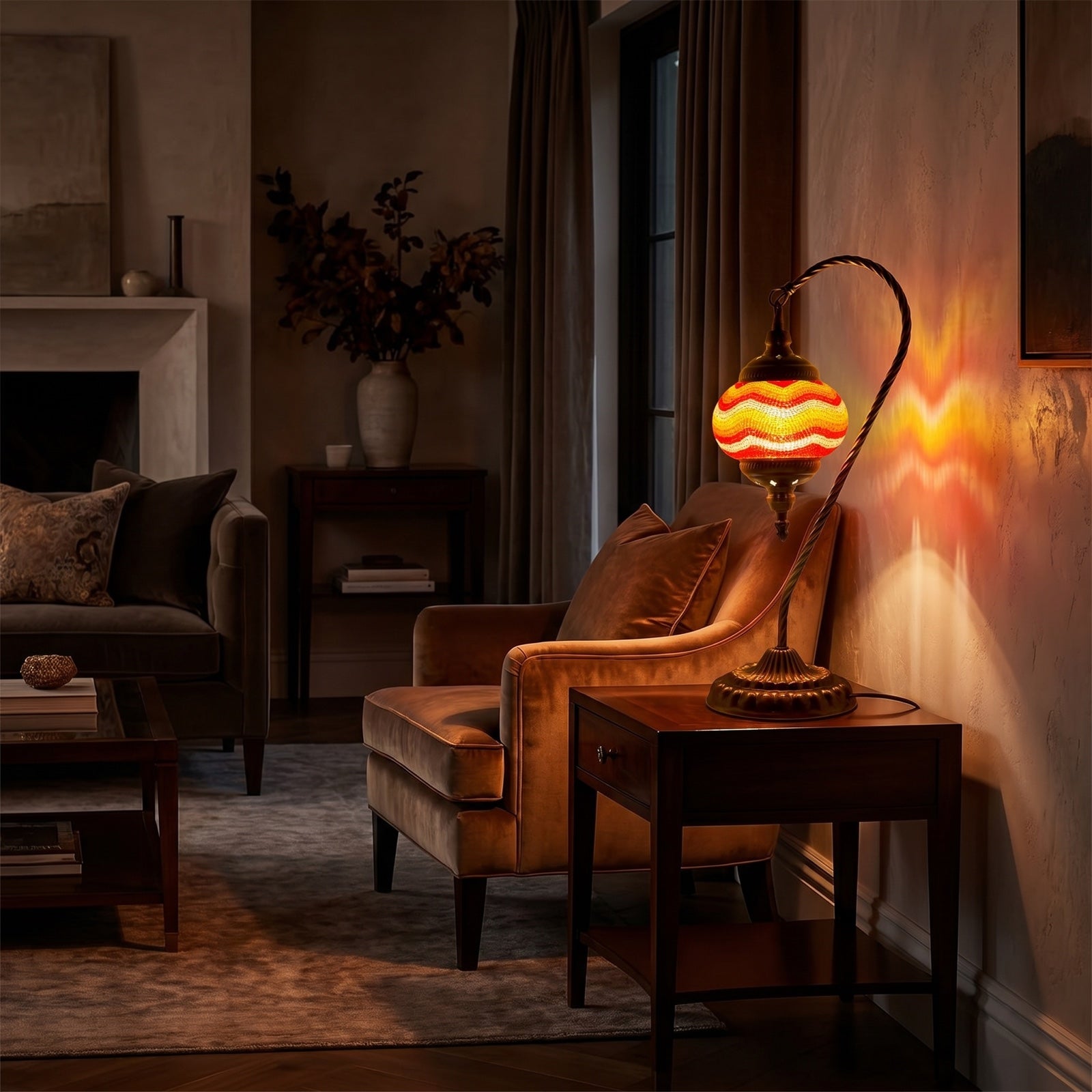 Citrus Radiance mosaic glass table lamp — glowing in a warm, dimly-lit evening room