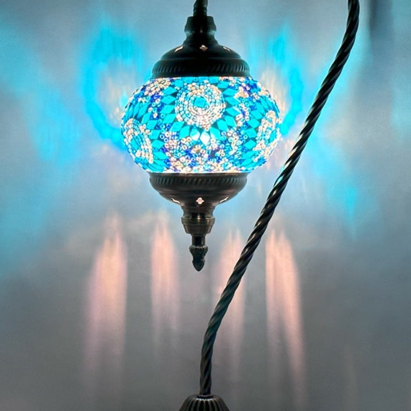 Cold Blue Swan Neck Handmade Turkish Lamp mosaic glass table lamp — close-up of the hand-cut mosaic glass