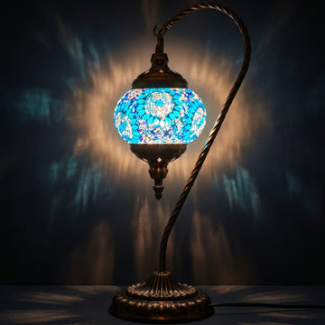 Cold Blue Swan Neck Handmade Turkish Lamp mosaic glass table lamp — glowing against a deep charcoal background