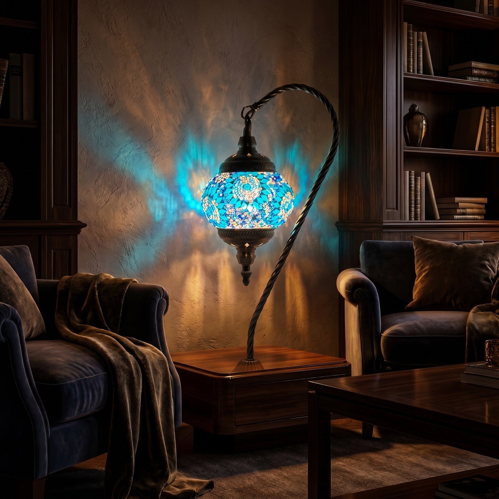 Cold Blue Swan Neck Handmade Turkish Lamp mosaic glass table lamp — glowing in a warm, dimly-lit evening room