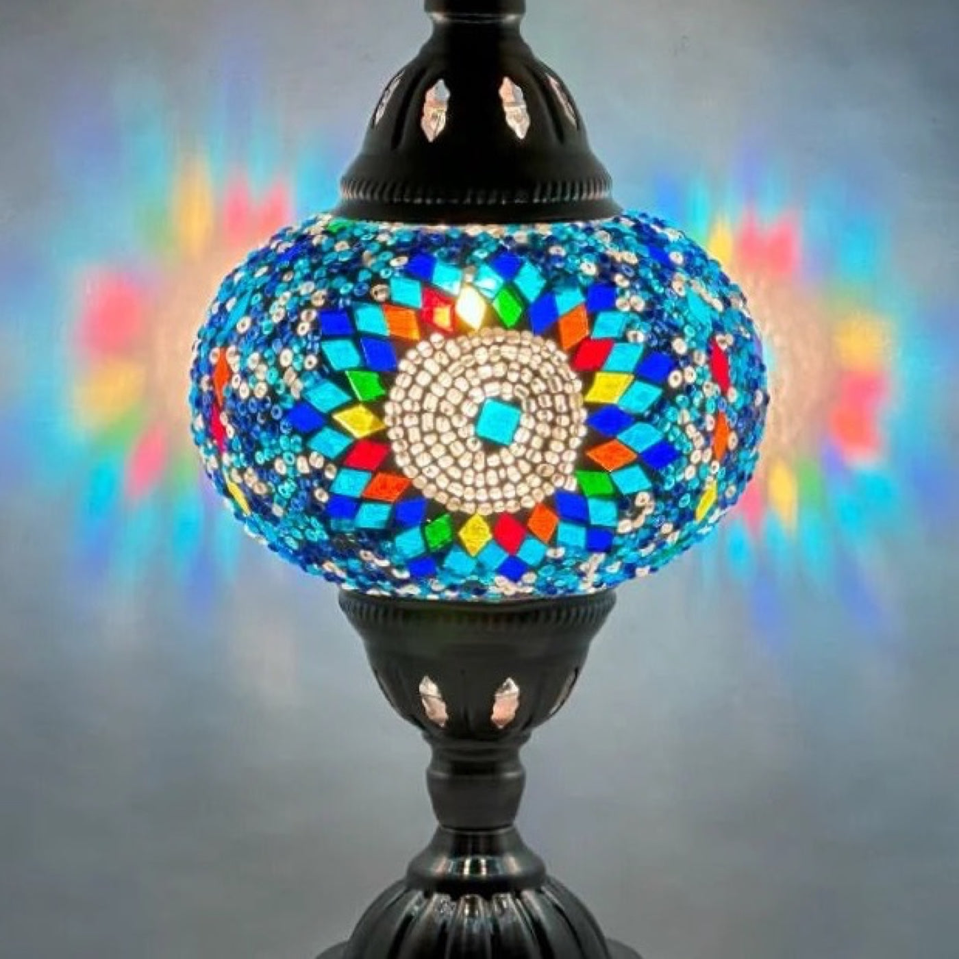Cold Sunflower Turkish Lamp in Blue mosaic glass table lamp — close-up of the hand-cut mosaic glass