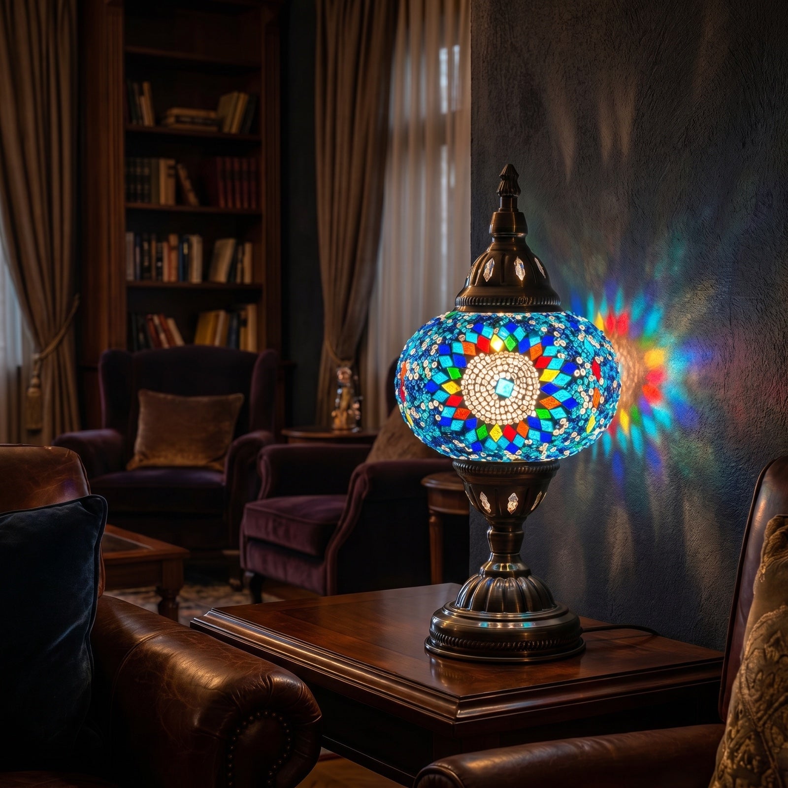 Cold Sunflower Turkish Lamp in Blue mosaic glass table lamp — glowing in a warm, dimly-lit evening room