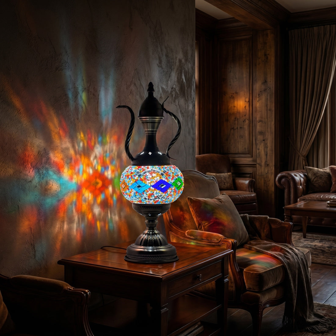 Colorful Elegance mosaic glass table lamp — glowing against a deep charcoal background