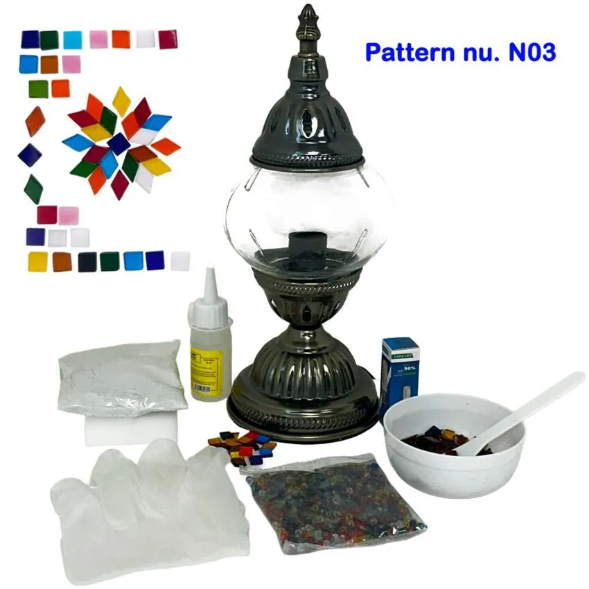 DIY Mosaic Lamp Set - Colorful Star Pattern on Round Ball Table Lamp — the finished lamp beside the unassembled kit