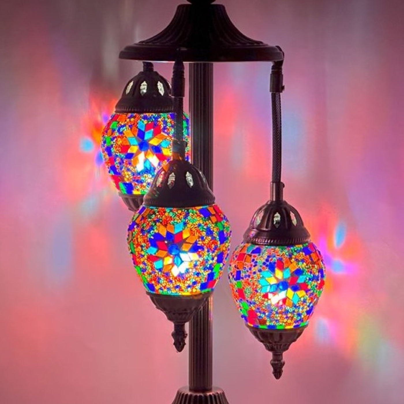 Colorful Trio mosaic glass table lamp — close-up of the hand-cut mosaic glass