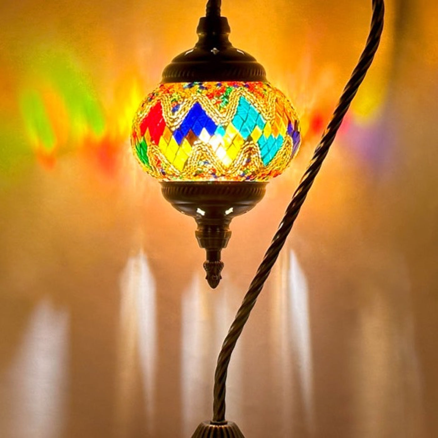 Colorful Waves Goose Neck Handmade Mosaic Glass Lamp mosaic glass table lamp — close-up of the hand-cut mosaic glass