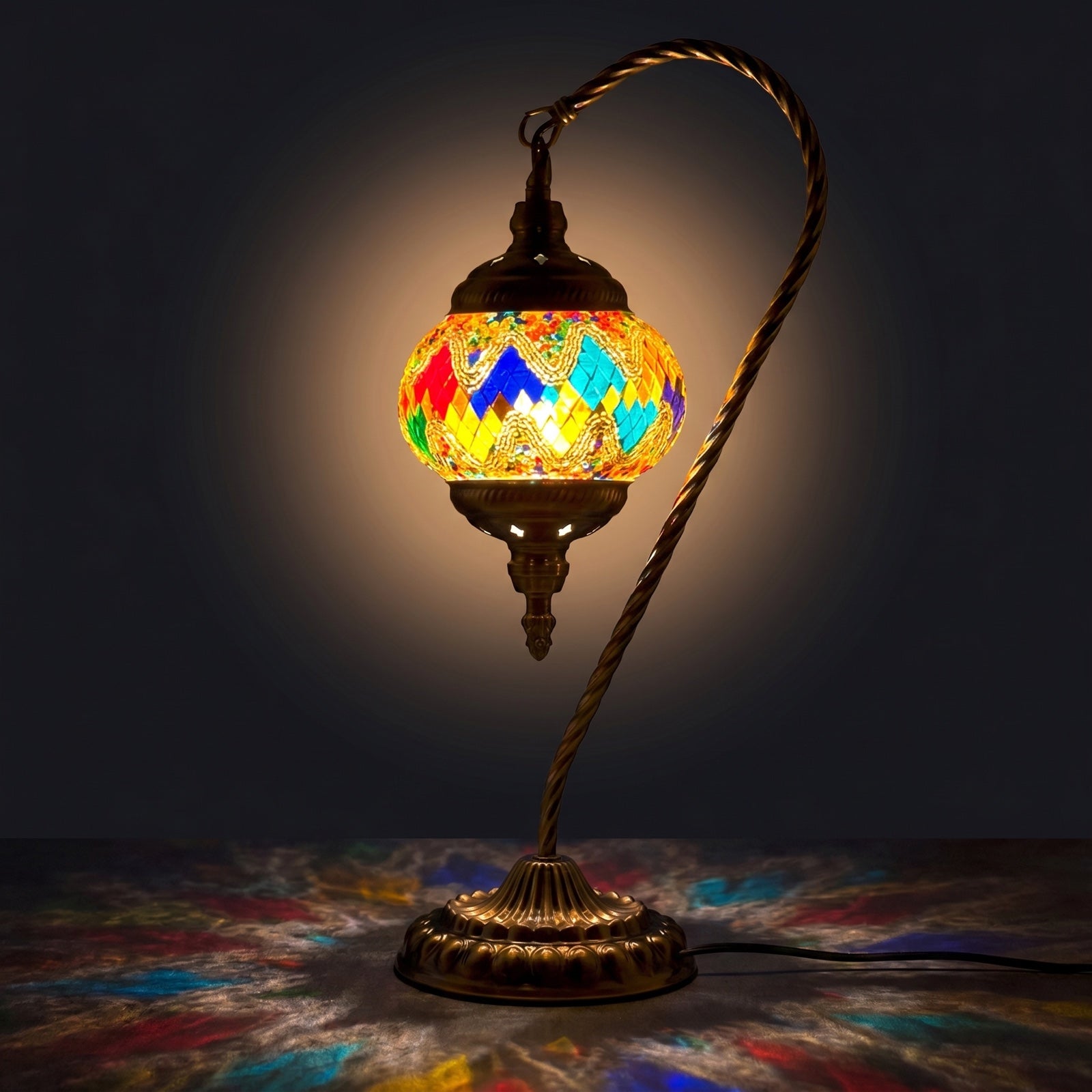 Colorful Waves Goose Neck Handmade Mosaic Glass Lamp mosaic glass table lamp — glowing against a deep charcoal background