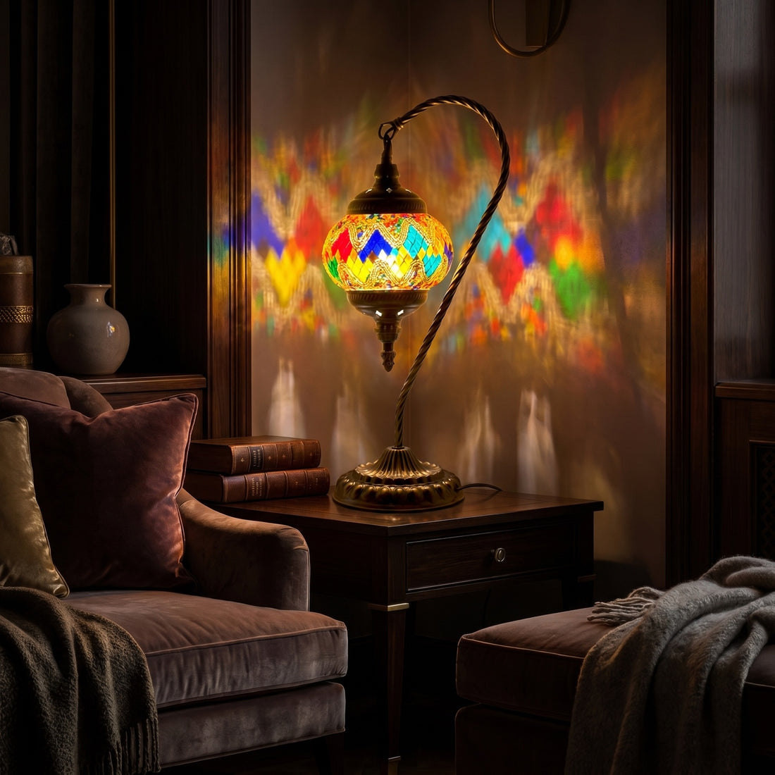 Colorful Waves Goose Neck Handmade Mosaic Glass Lamp mosaic glass table lamp — glowing against a deep charcoal background