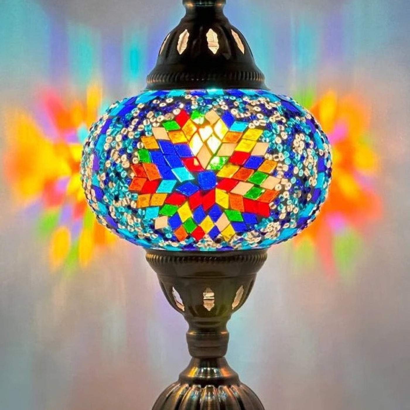 Coral Bloom mosaic glass table lamp — close-up of the hand-cut mosaic glass