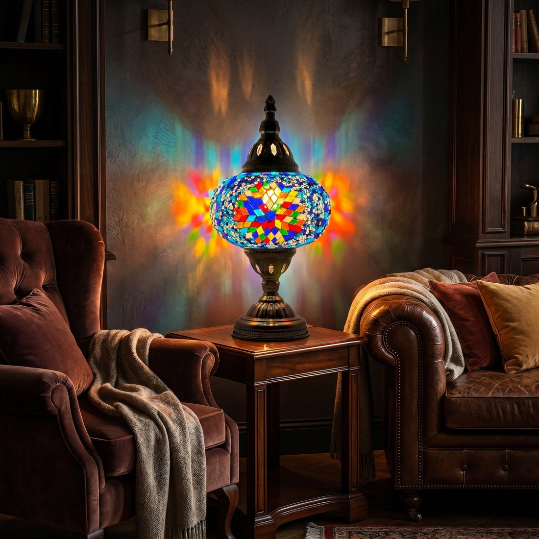 Coral Bloom mosaic glass table lamp — glowing against a deep charcoal background