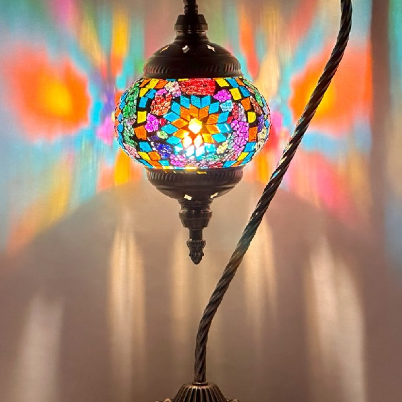 Coral Goose Neck Handmade Mosaic Table Lamp mosaic glass table lamp — close-up of the hand-cut mosaic glass