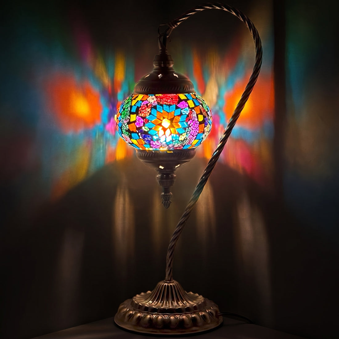 Coral Goose Neck Handmade Mosaic Table Lamp mosaic glass table lamp — glowing against a deep charcoal background