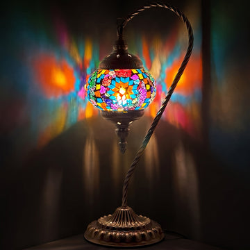 Coral Goose Neck Handmade Mosaic Table Lamp mosaic glass table lamp — glowing against a deep charcoal background