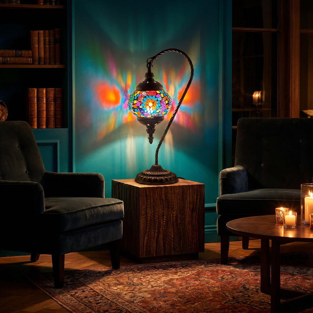 Coral Goose Neck Handmade Mosaic Table Lamp mosaic glass table lamp — glowing against a deep charcoal background