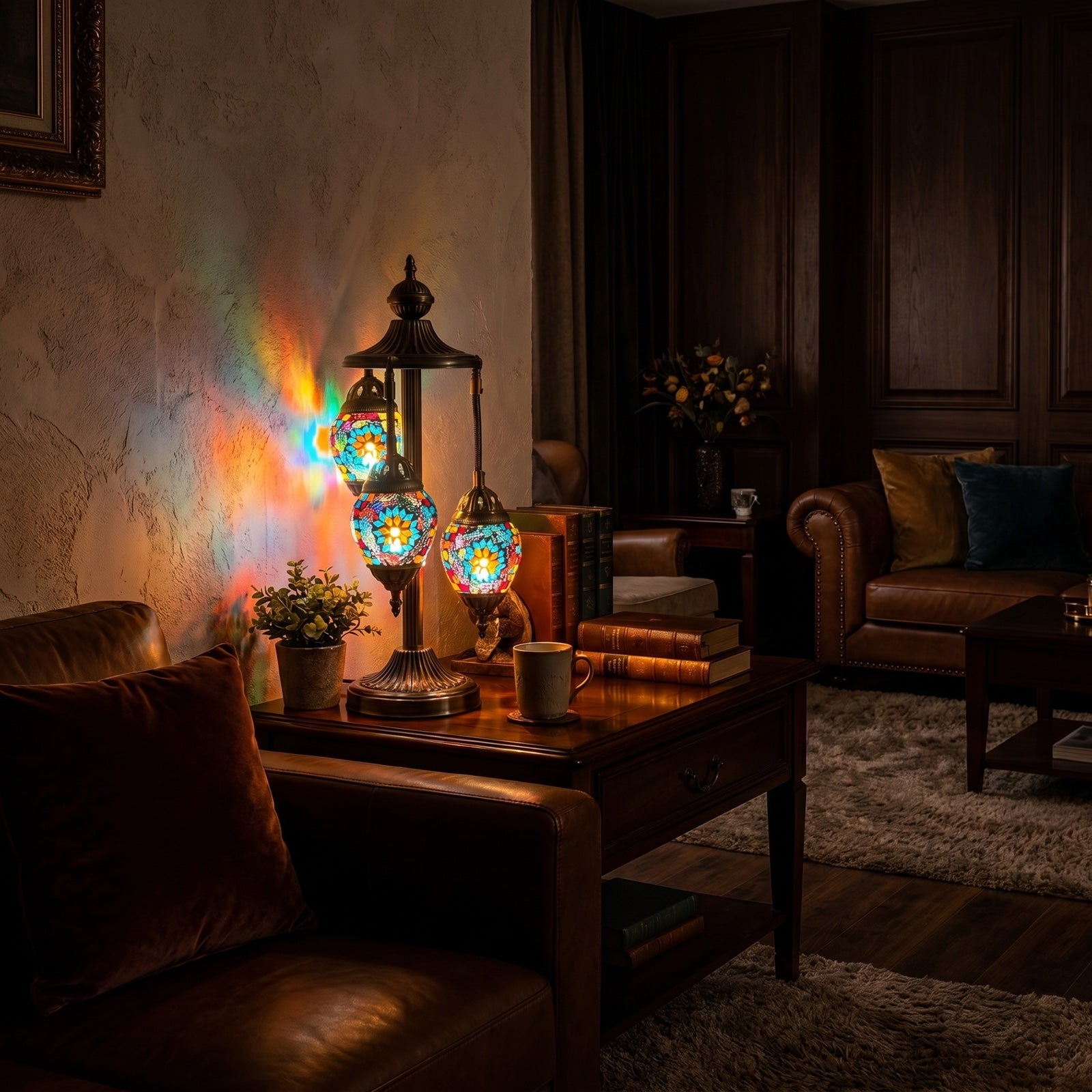Coral Reef Elegance mosaic glass table lamp — glowing in a warm, dimly-lit evening room