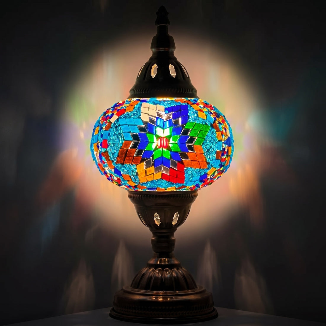 Coral Reef Inspired Bedside Mosaic Lamp with Colorful Glasse mosaic glass table lamp — glowing against a deep charcoal background