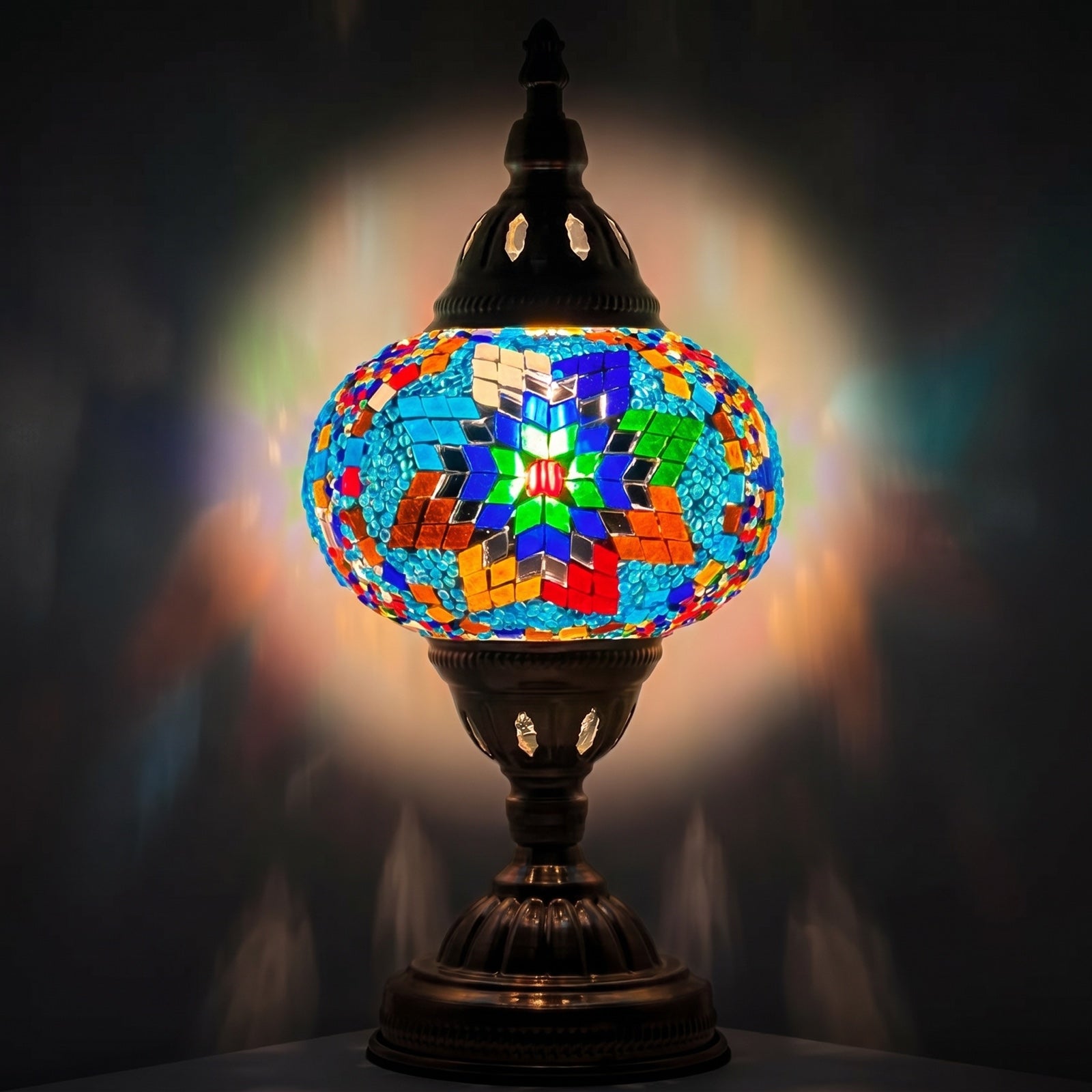 Coral Reef Inspired Bedside Mosaic Lamp with Colorful Glasse mosaic glass table lamp — glowing against a deep charcoal background