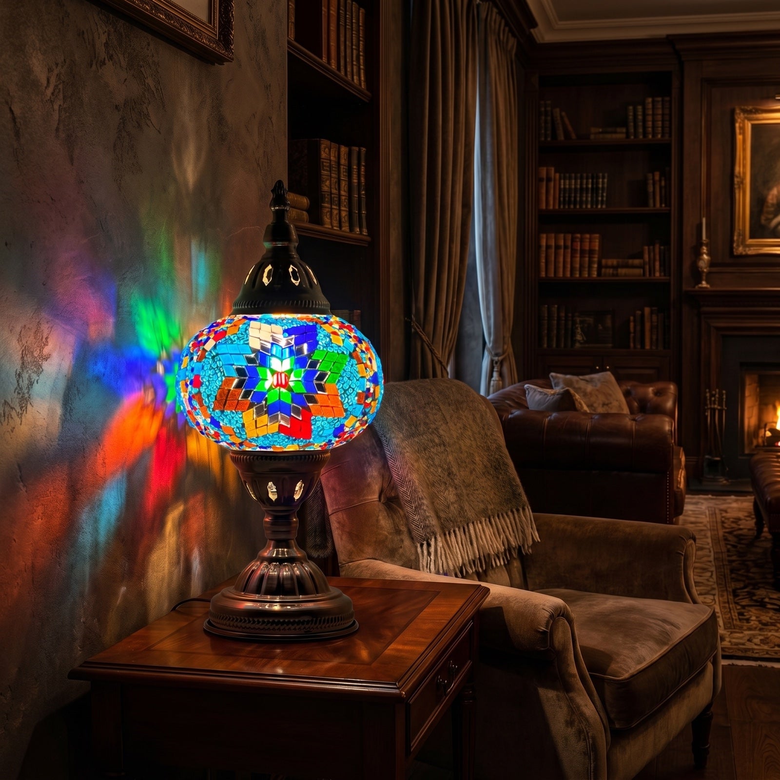 Coral Reef Inspired Bedside Mosaic Lamp with Colorful Glasse mosaic glass table lamp — glowing in a warm, dimly-lit evening room