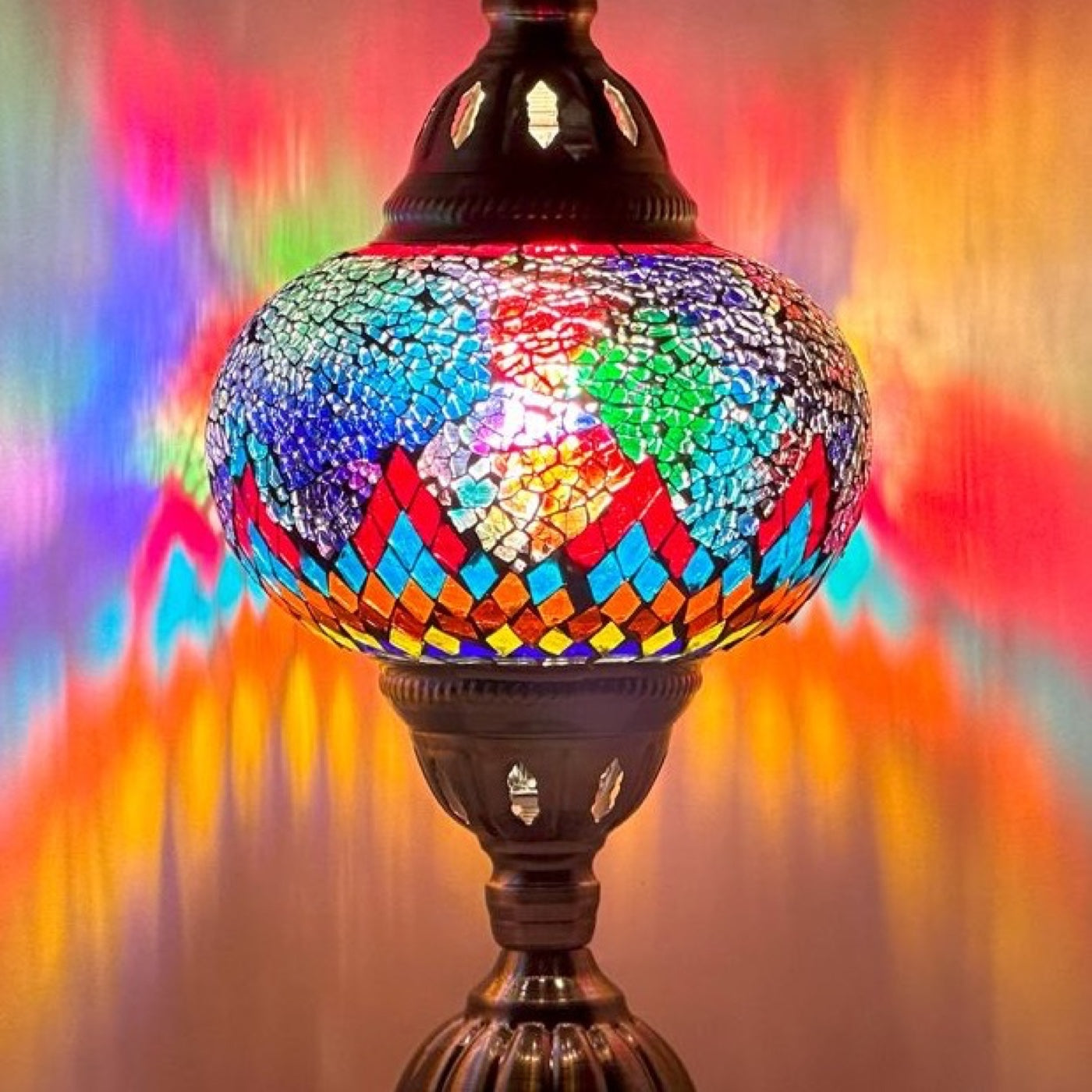 Cosmic Rainbow Bridge mosaic glass table lamp — close-up of the hand-cut mosaic glass