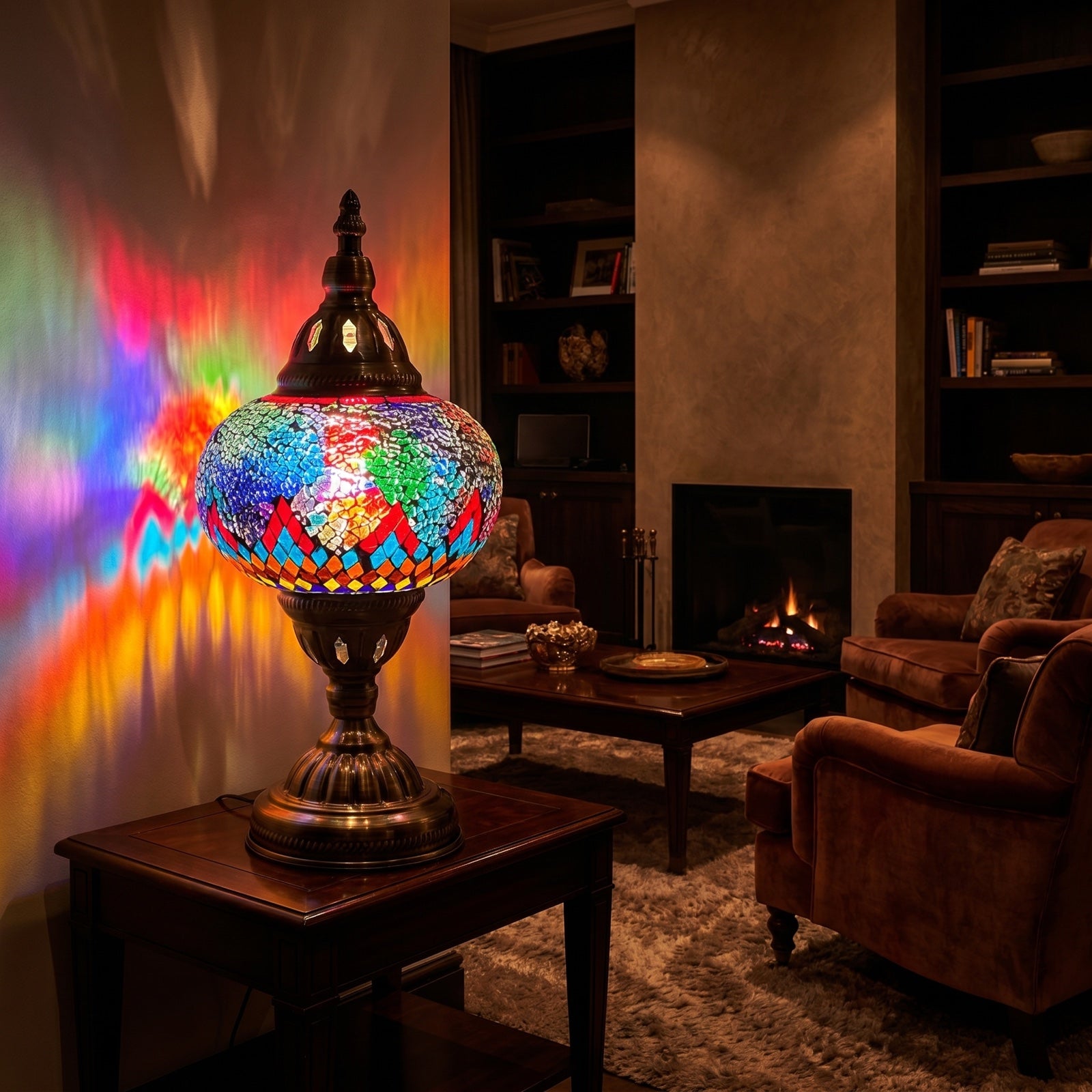 Cosmic Rainbow Bridge mosaic glass table lamp — glowing in a warm, dimly-lit evening room