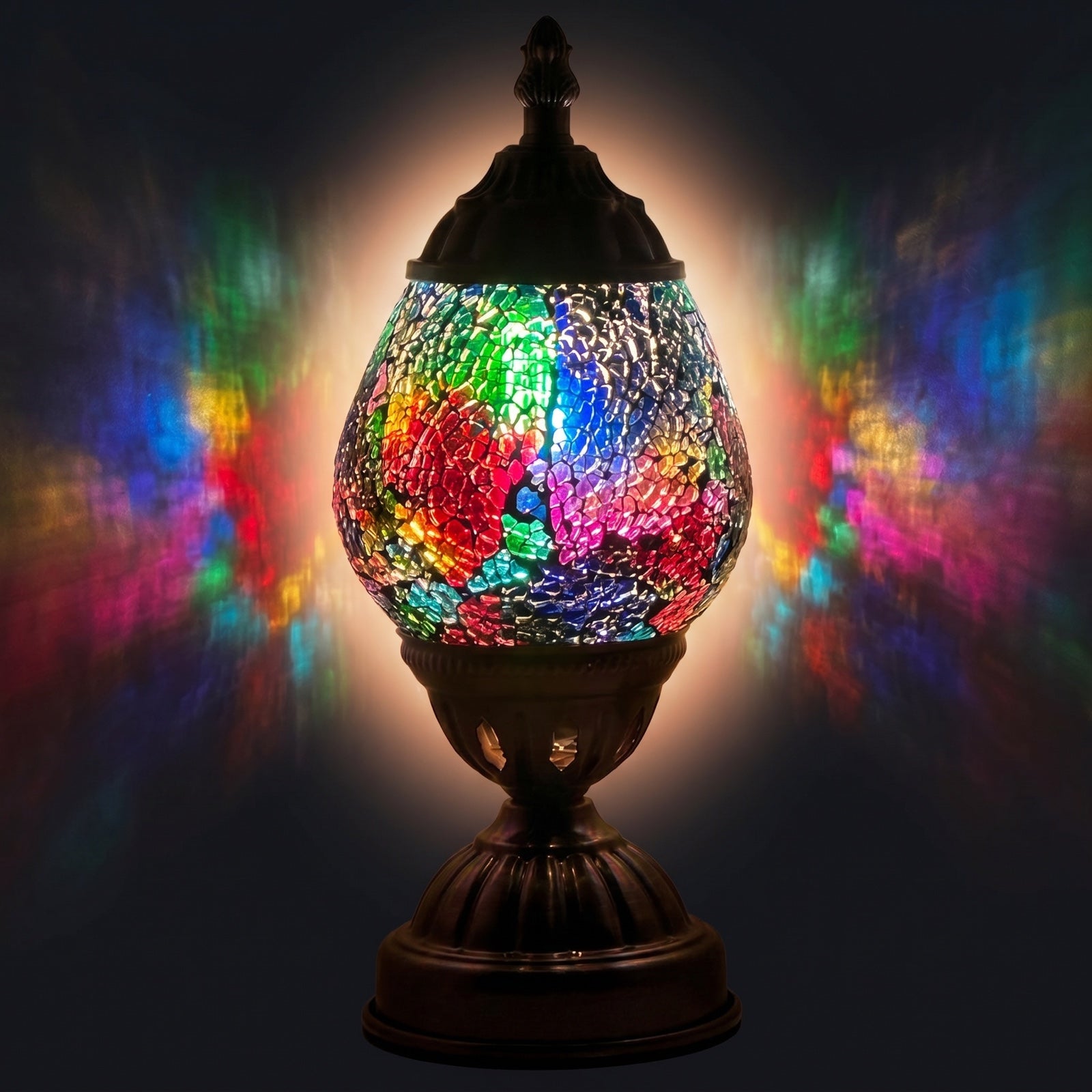 Cosmic Rainbow Mosaic Glass Lamp mosaic glass table lamp — glowing against a deep charcoal background