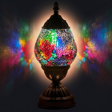 Cosmic Rainbow Mosaic Glass Lamp mosaic glass table lamp — glowing against a deep charcoal background