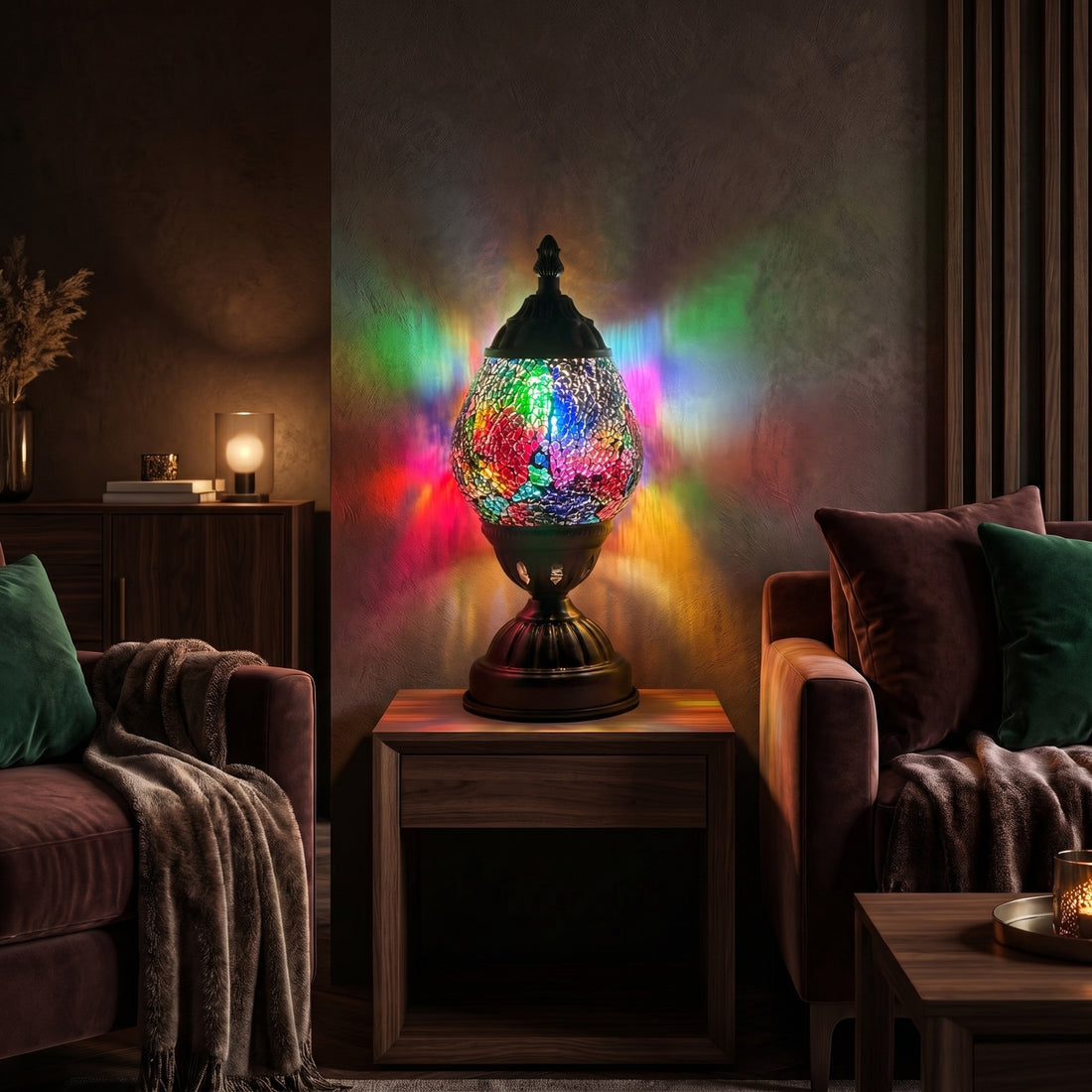 Cosmic Rainbow Mosaic Glass Lamp mosaic glass table lamp — glowing against a deep charcoal background