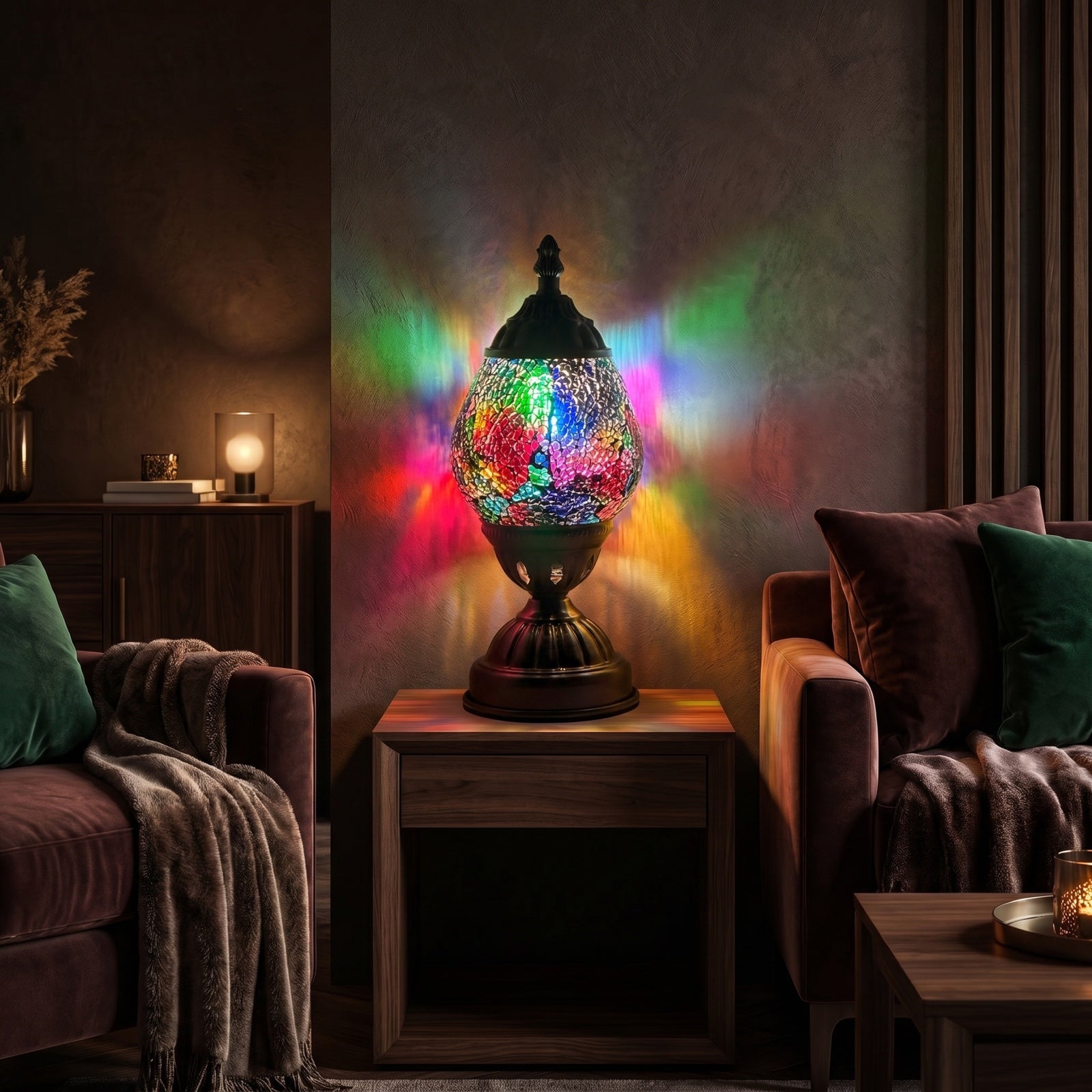 Cosmic Rainbow Mosaic Glass Lamp mosaic glass table lamp — glowing in a warm, dimly-lit evening room