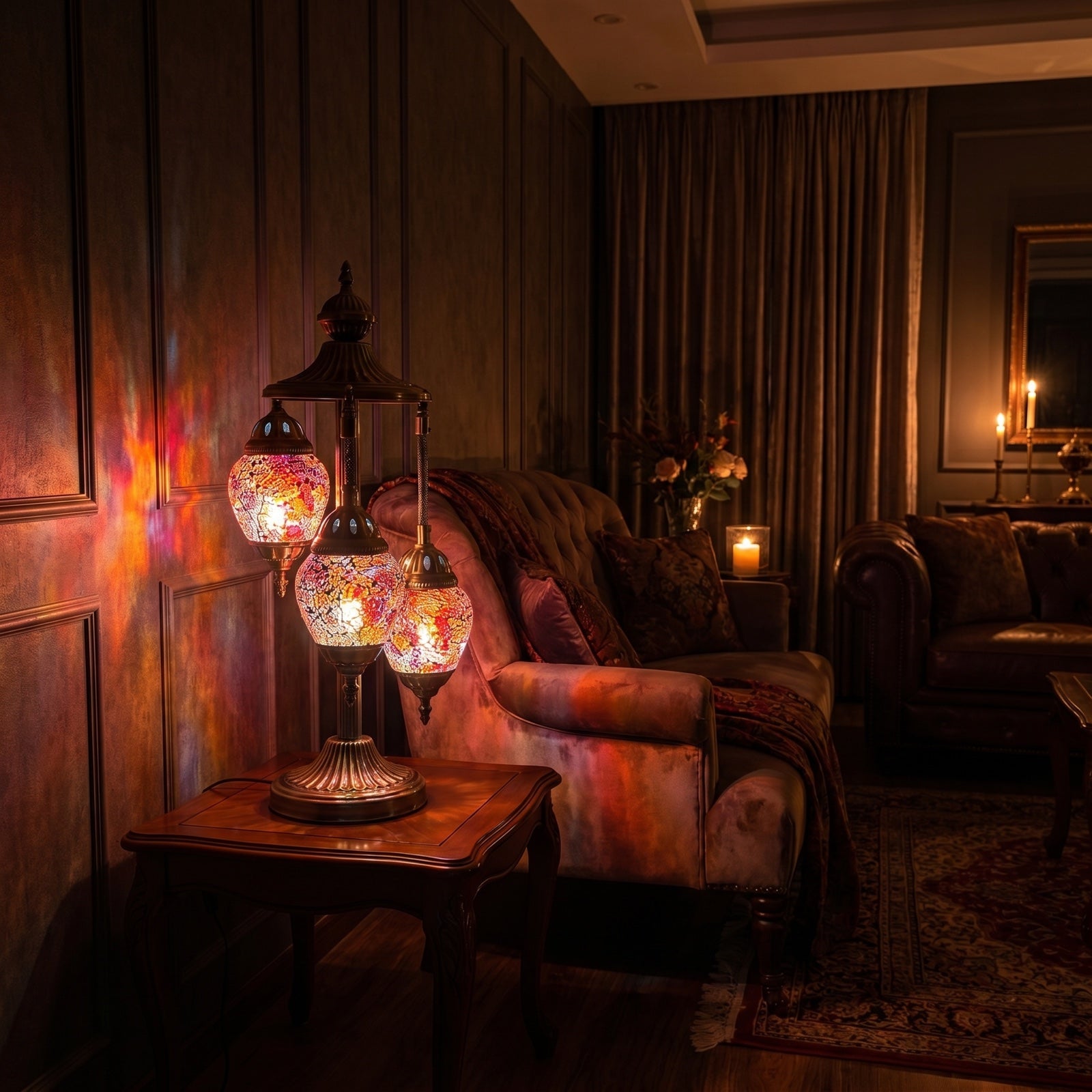 Cosmic Red Hues Egg mosaic glass table lamp — glowing in a warm, dimly-lit evening room