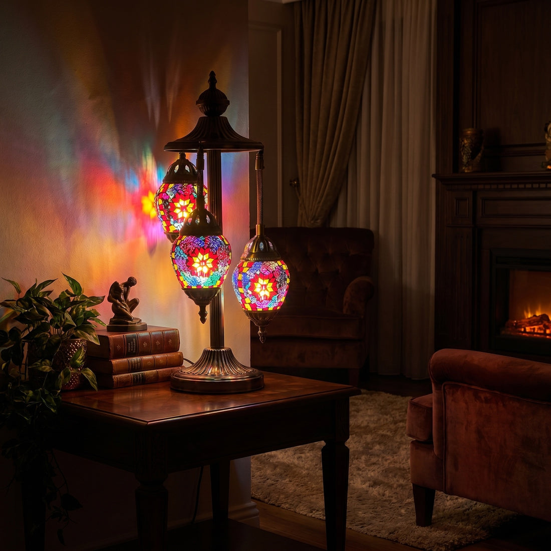 Crimson Bloom Egg mosaic glass table lamp — glowing against a deep charcoal background