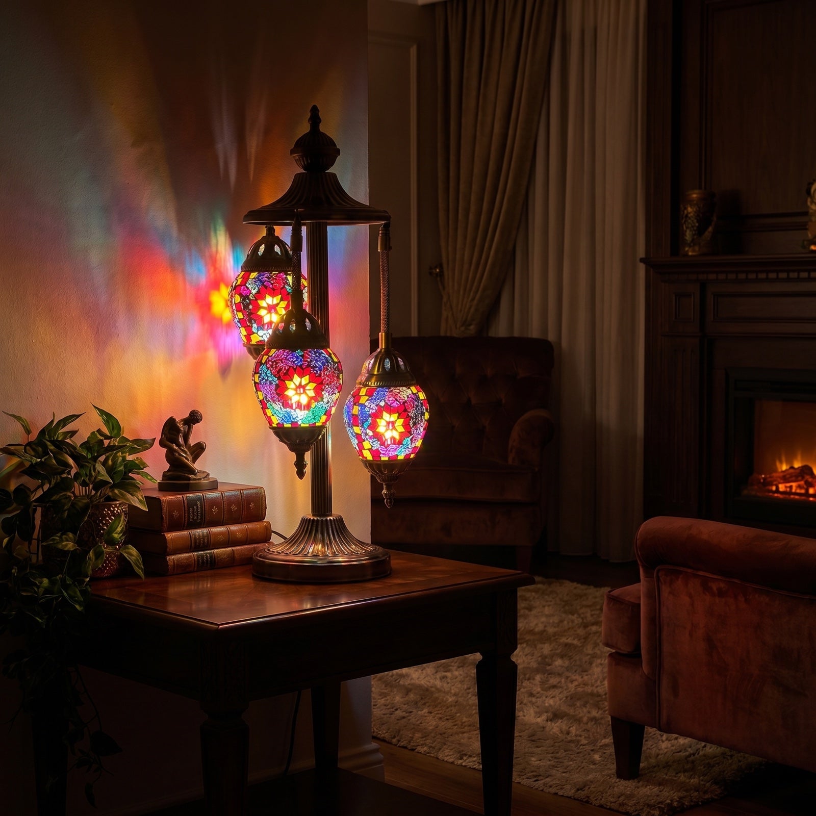 Crimson Bloom Egg mosaic glass table lamp — glowing in a warm, dimly-lit evening room