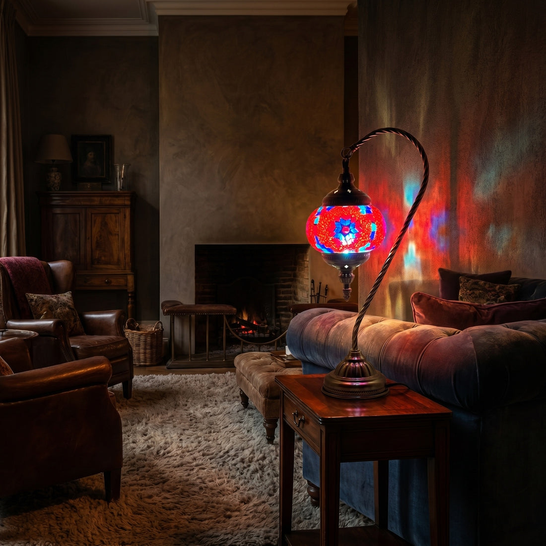 Crimson Bloom mosaic glass table lamp — glowing against a deep charcoal background
