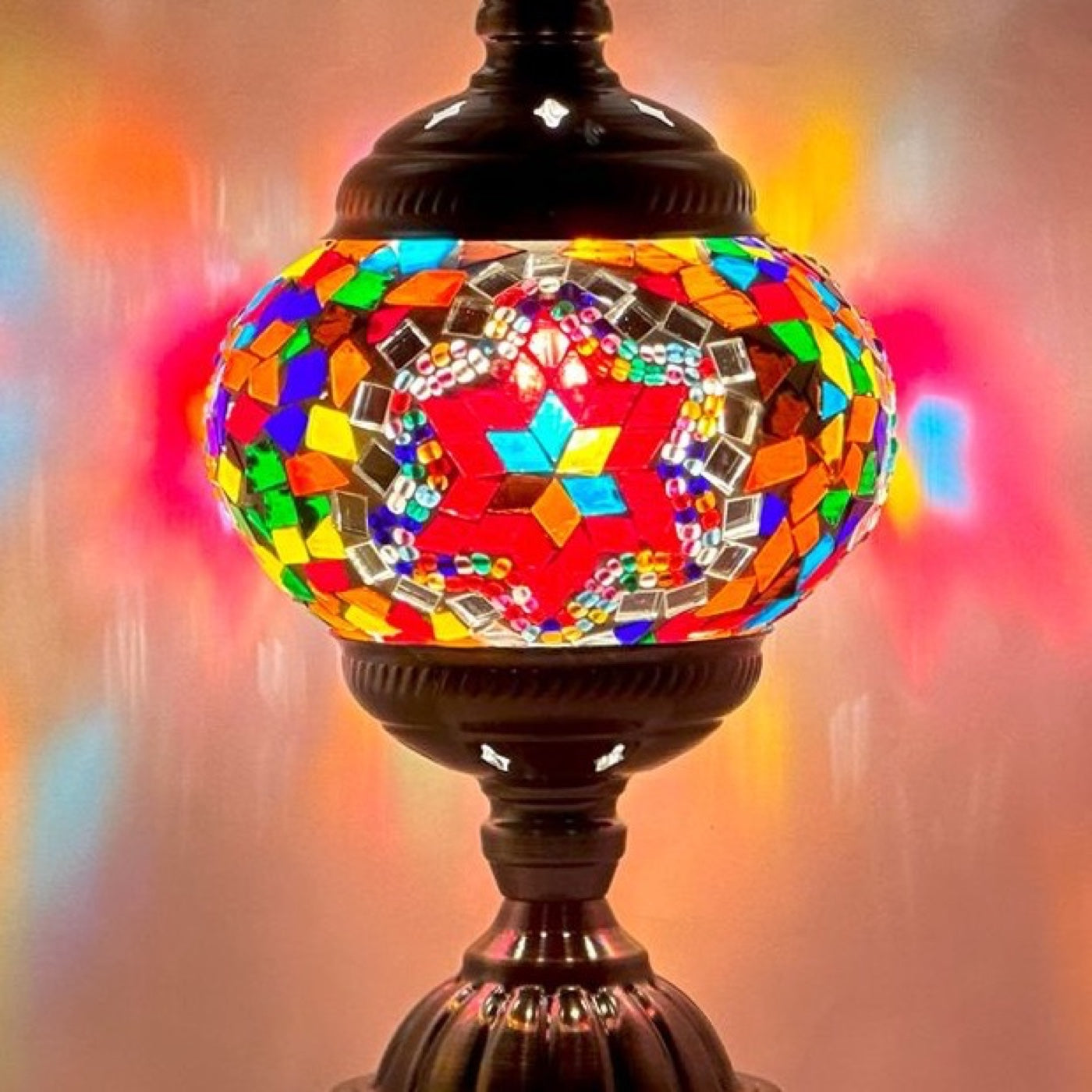 Crimson Cascade mosaic glass table lamp — close-up of the hand-cut mosaic glass