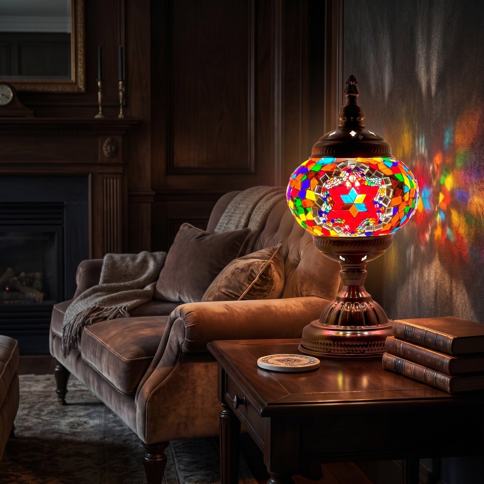 Crimson Cascade mosaic glass table lamp — glowing in a warm, dimly-lit evening room