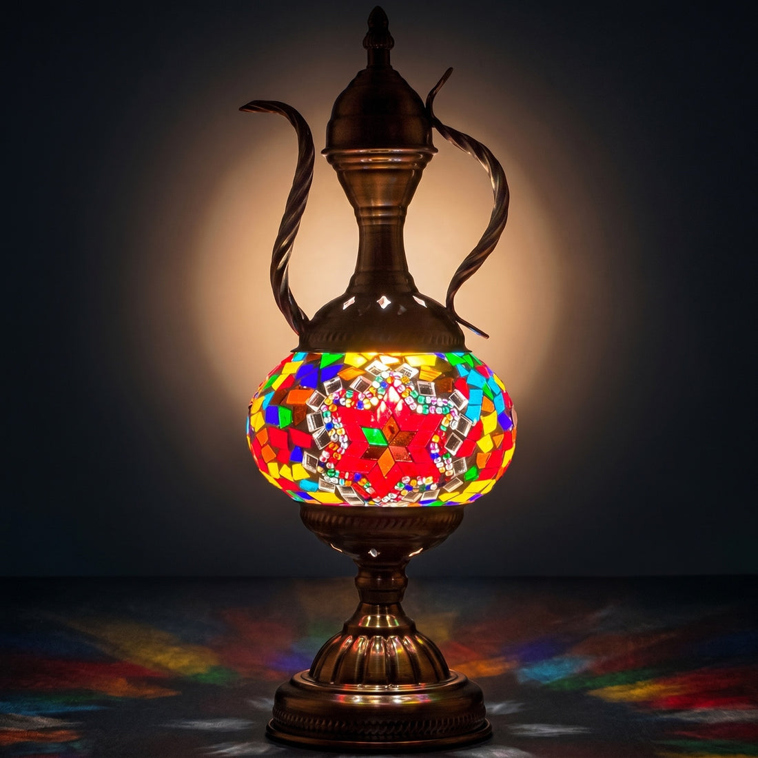 Crimson Elegance mosaic glass table lamp — glowing against a deep charcoal background